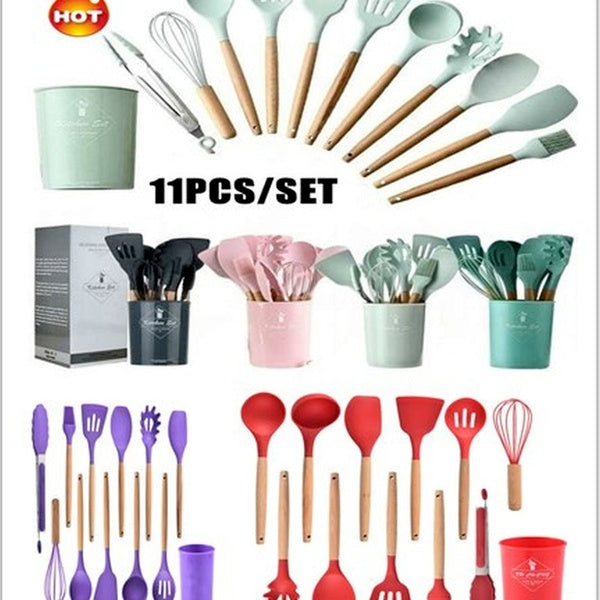 6 Style Kitchen Heat-resistant Wooden Handle Silicone Non-stick Spatula Spoon Set Cooking Tools Kitchen Supplies Kitchen Cookware Set Cake Baking Pro