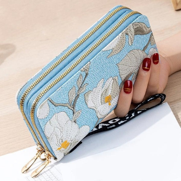 Femmes portefeuilles dame longue fleur porte-monnaie porte-cartes femme Double fermetures éclair sacs à main porte-monnaie portefeuille bracelet arge