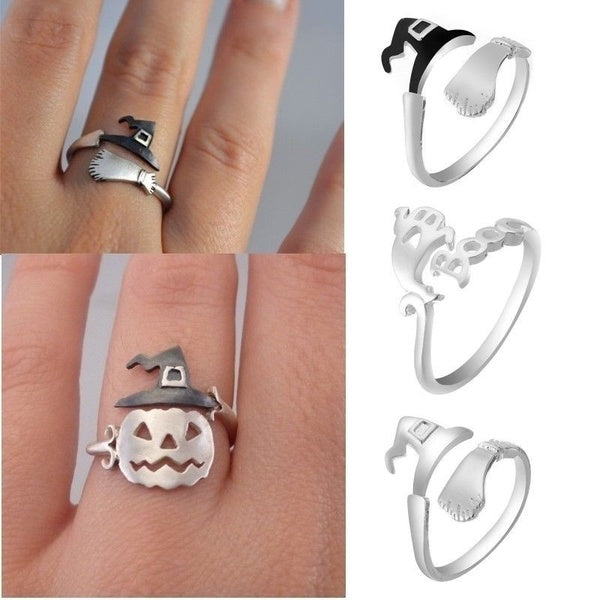 Adjustable Cute Halloween Ghost Witch Broom Finger Ring Open Rings Silver Party Cosplay Jewelry Finger Vintage Punk Jewelry Individual