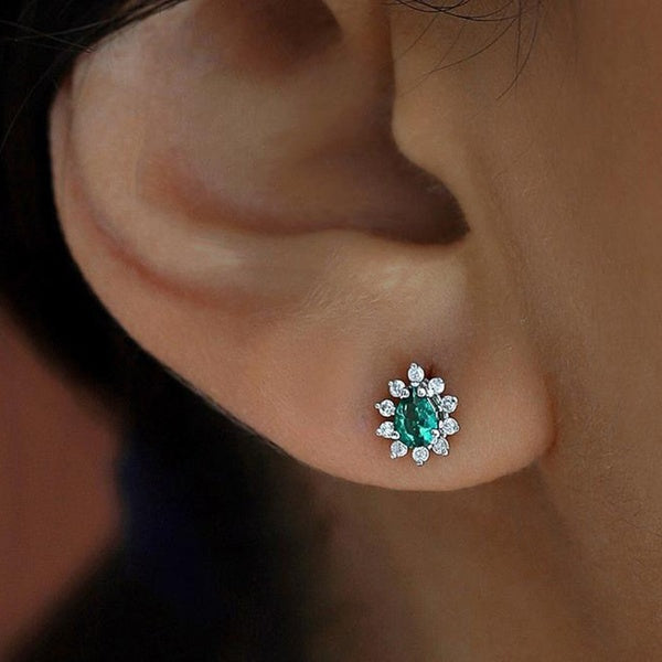 Fine Noble Small Emerald Stud Studs with Genuine Zircon Silver Studs - Delicate Pavé Drop Stud Studs for Women - Wedding Jewelry