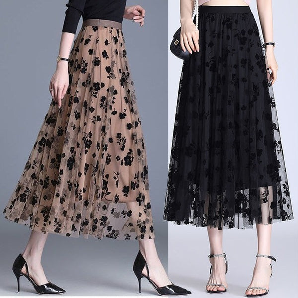 Wome Lace Long Skirt High Waist Tulle Skirts Ladies Summer Casual Loose Elegant Maxi Skirts
