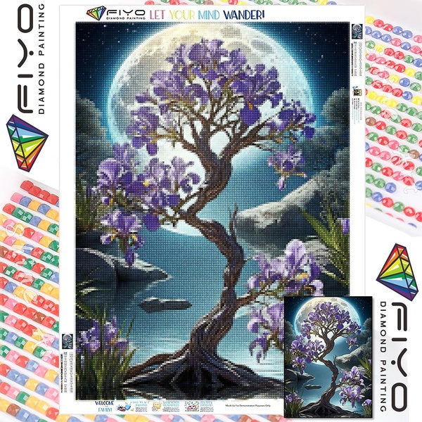 FIYO DIY 5D The Purple Tree Diamond Painting Full Drill with Number Kits Home and Kitchen Fashion Mosaic Diamond Painting Canvas Wall Decoration Gift