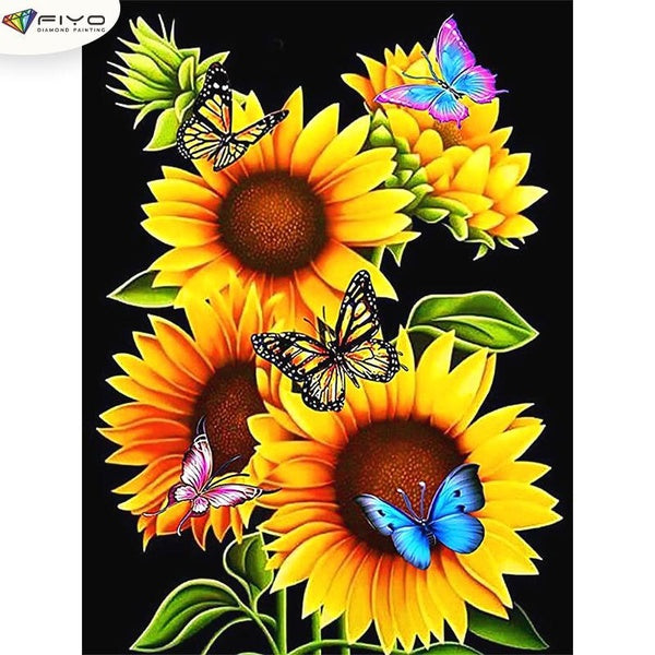 Sunflower and Butterfly DIY 5D Diamond Painting Full Drill with Number Kits Home and Kitchen Fashion Mosaic Diamond Painting Canvas Wall Decoration G