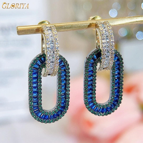 Gloriya Fashion Costume Jewellery Yellow Gold Color Full Pave Setting White Blue Green AAA Cubic Zircon New Women Drop Earrings for Christmas Gift