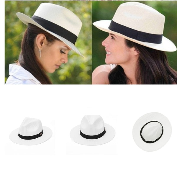 Wide Brim Summer Beach Hat for Men Women Trilby Sun Hat Panama Hat Paper Straw Cap with Black Ribbon