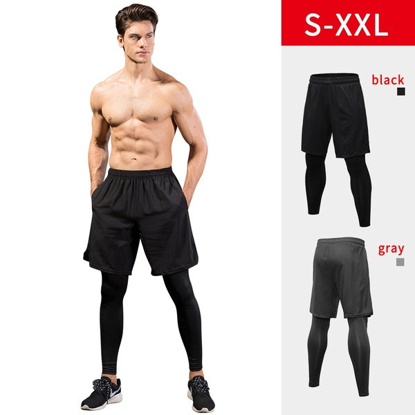 Hot Fake Two Piece Compression Pants Men Shorts and Leggings Sportswear Gym Fitness Tight Sports Trousers Quick Dry Men's Leggings