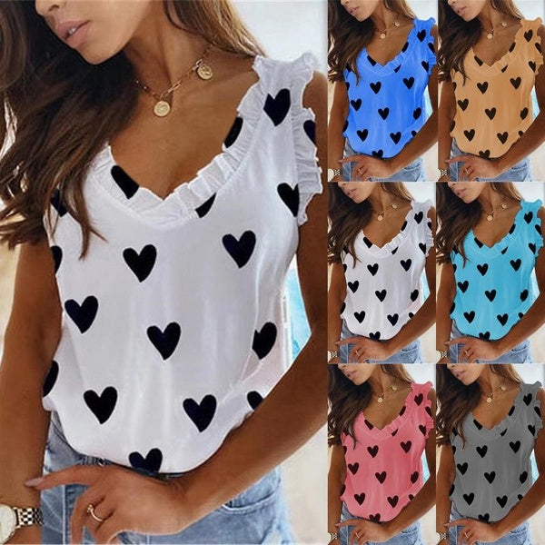 Cute Heart Shaped Print Blouses Women's Summer V-neck Sleeveless T-shirts Fashion Casual Ruffle Edge Loose Tops