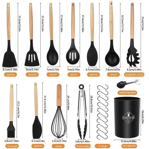 HEJANY 26pcs Non-Stick Silicone Cooking Utensils Set Natural Wooden Handles Cooking Tool Kitchenware Accessories