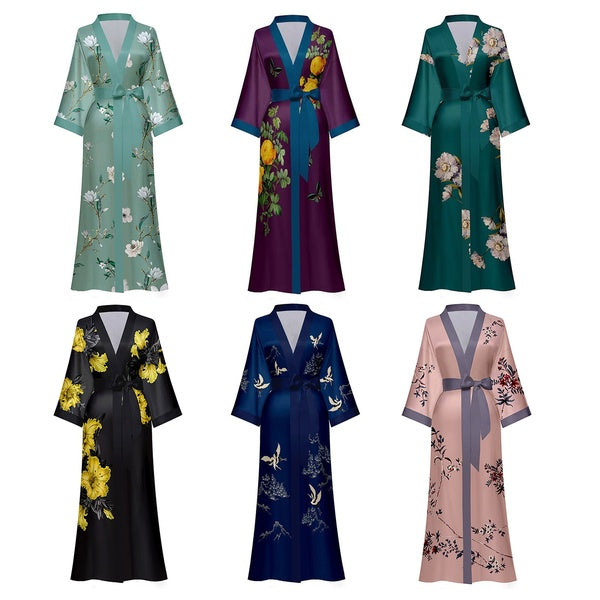 Satin Sleepwear Silky Bathrobe Bachelorette Robe, Lightweight & Soft Floral,Long Kimono Robe for Women