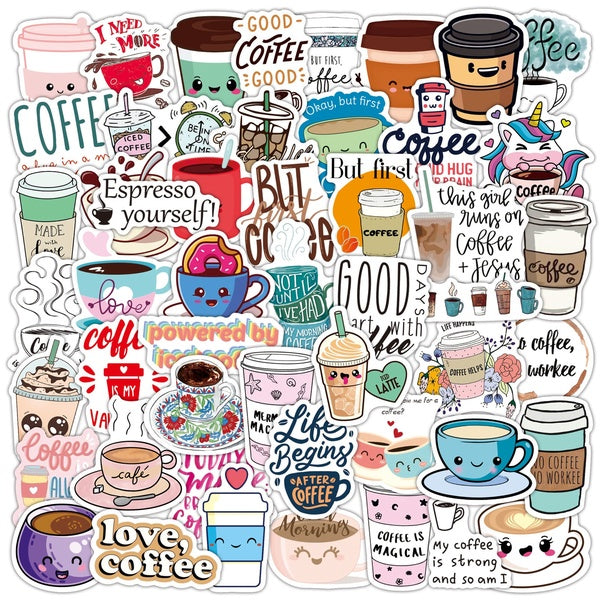 3 Style 10-50Pcs Various Cute Coffee Cartoon Stickers Leisure Time Sticker For Helmet Motorcycle Phone Case Luggage Laptop Graffiti Sticker Decal Kid