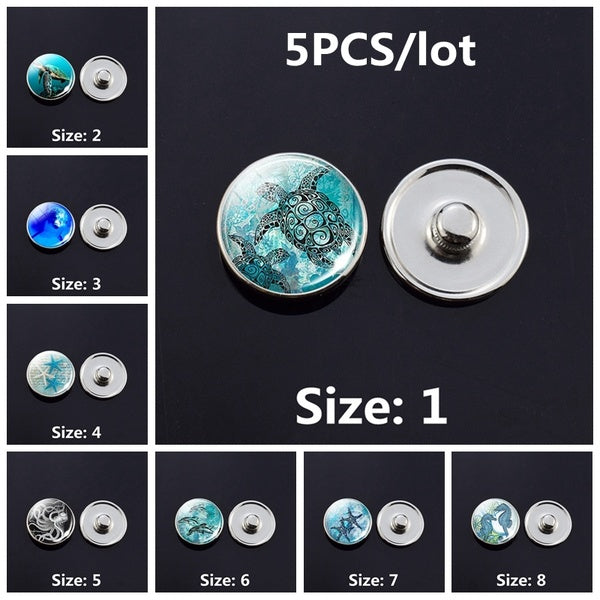 5pcs-lot Sea Turtle Starfish Dolphins Print 18mm Snap Button Glass Cabochon Press Buttons Diy Charms Fit Snap Bracelet Necklace Accessories