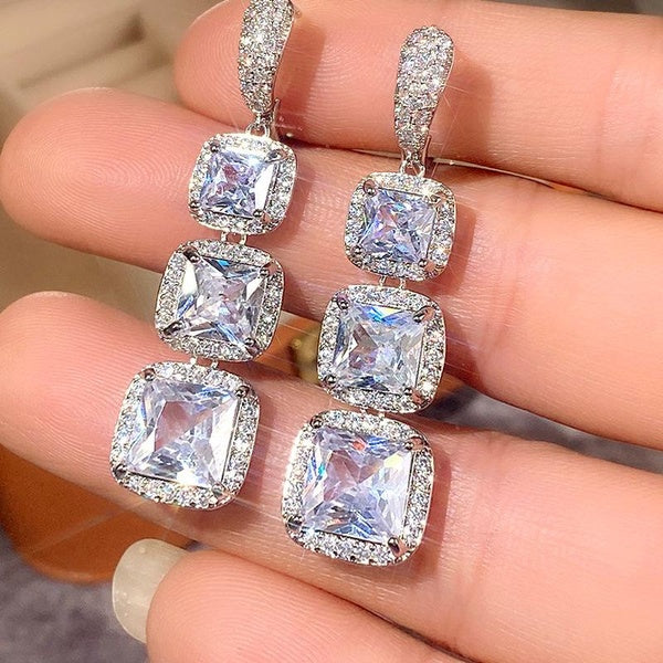 Gorgeous Temperament Lady's Earrings with Shiny Red-Blue-White-Green Square Cubic Zirconia Luxury Party Jewelry Accessories for Women Matron Inn