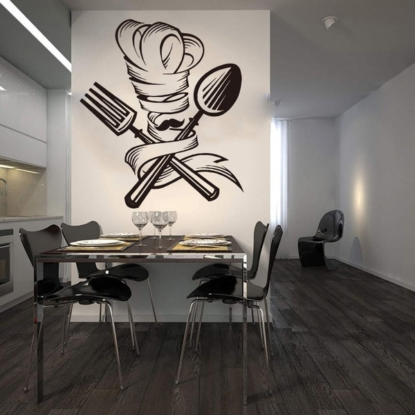 Spoon Fork Chef Moustache Hat Wall Sticker Kitchen Dinning Room Chef Beard Kitchen Tools Wall Decal Restaurant Vinyl Decor
