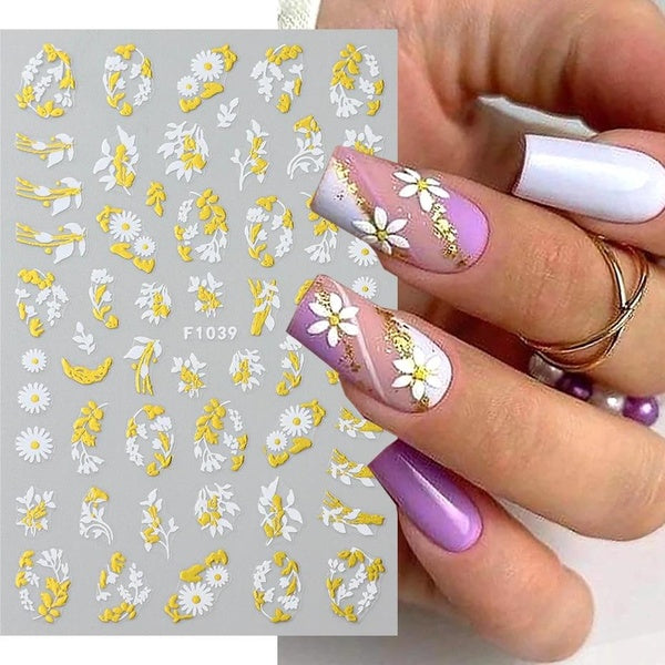 Summer White Gold Daisy Flowers Nail Sticker Geometrics Lines French Decals Leaves Butterfly Adhesive Sliders DIY Nail Decor