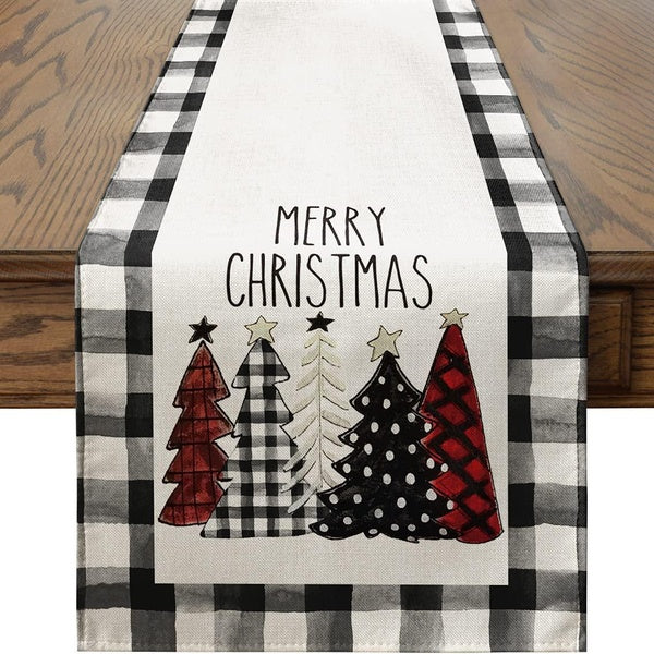 Waterclor Buffalo Plaid Christmas Trees Merry Xmas Table Runner, Seasonal Winter Holiday Kitchen Dining Table Decoration for Indoor Outdoor Home Part
