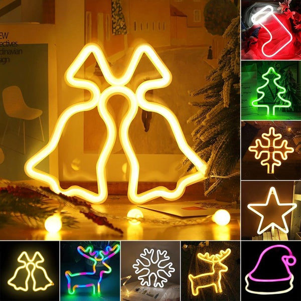 USB-Battery Powered Christmas Neon Sign Jingle Bell Star Snowflake LED Neon Night Light Indoor Home Xmas Party Wall Decoration Ornaments Holiday Ligh