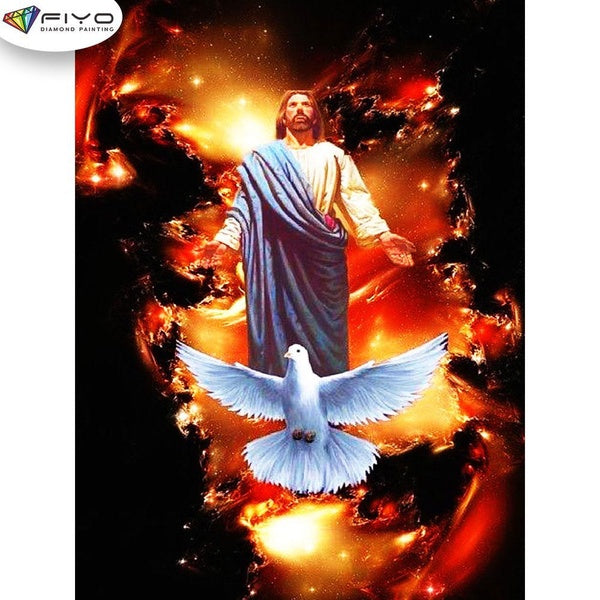 FIYO Jesus and White Dove Diamond Painting Kits For Adults DIY 5D Diamond Mosaic Diamond Painting Home and Kitchen Fashion Canvas Pictures Wall Decor
