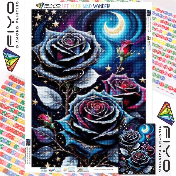 FIYO DIY 5D Black Rose Diamond Painting Full Drill with Number Kits Home and Kitchen Fashion Mosaic Diamond Painting Canvas Wall Decoration Gift Craf