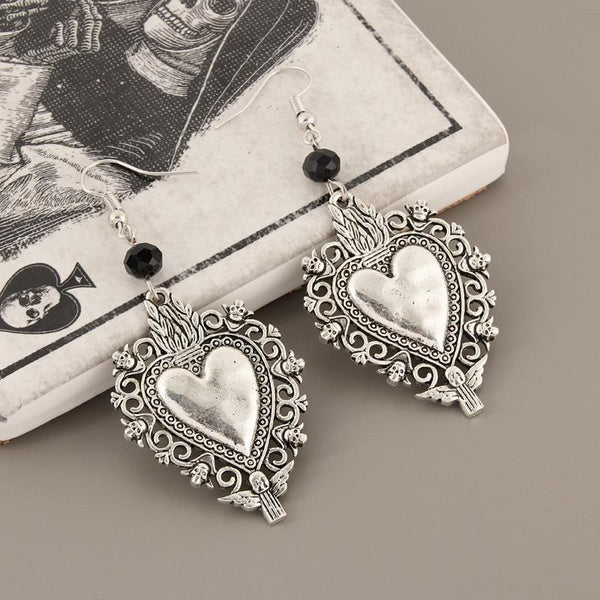 1Pair Dark Gothic Fashion Sacred Heart Pendants Dangle Earrings Traditonal Corazon Eardrop For Women Goth Jewellery Gifts