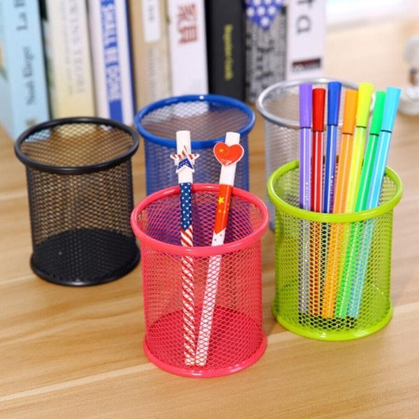 1-6pcs Metal Desk Tidy Round Mesh Pen Pot Holder Pencil Stationery Organiser Office Storage Case