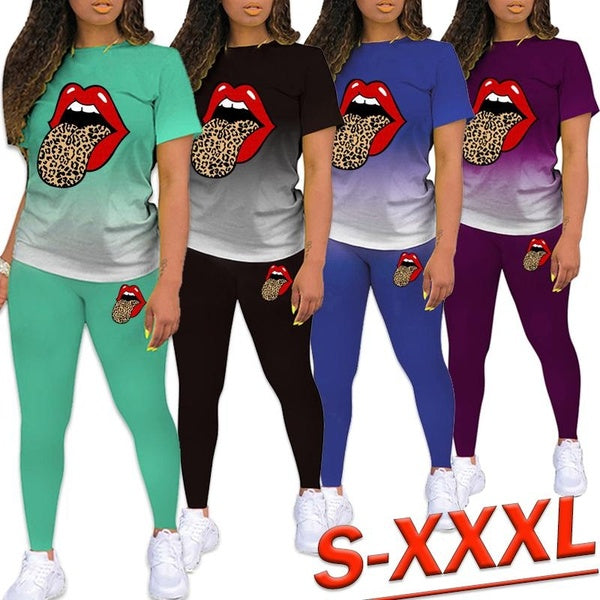 Spring Summer Two Piece Outfits For Women Sports Yoga Fitness Athletic Sets Funny Printed Gradient T Shirt + Leggings Women's Short Sleeve Jogger Tra