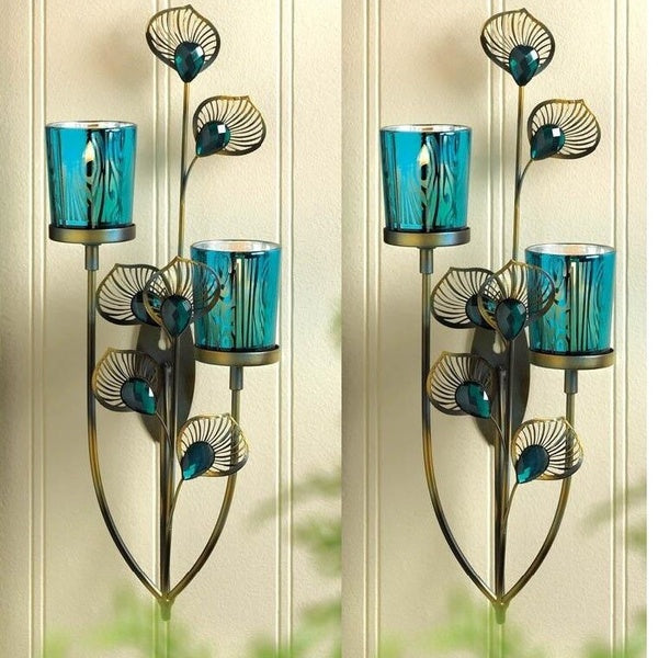 2 teal blue turquoise Peacock feather wall sconce sculpture art Candle holder