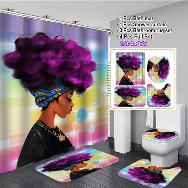 3D African American Women Shower Curtain Set Waterproof Polyester Shower Curtain + Non-Slip Washable Carpet Pedestal Rug + Lid Toilet Cover + Bath Ru