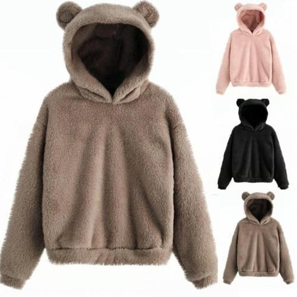 Cute Bear Women Faux Fur Fleece Lightweight Jacket Fuzzy Hoodie Spring Fall Transitional Fashion Thin Warm Coat