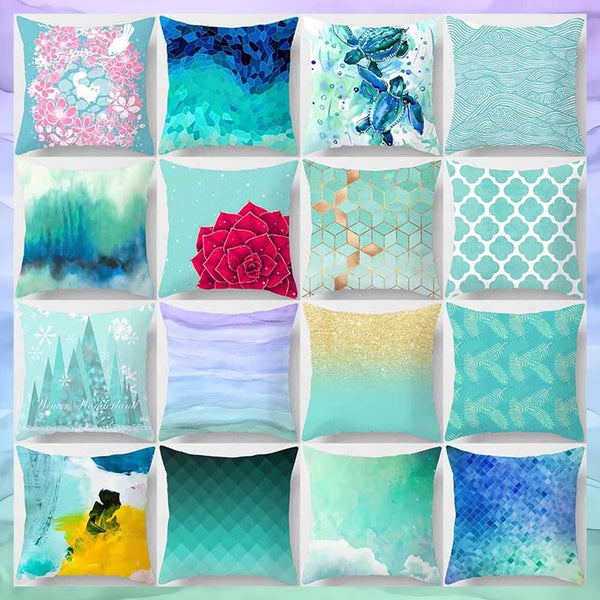 Sky blue tone printing square pillowcase, used for home decoration, car sofa cushion cover(45cm * 45cm)