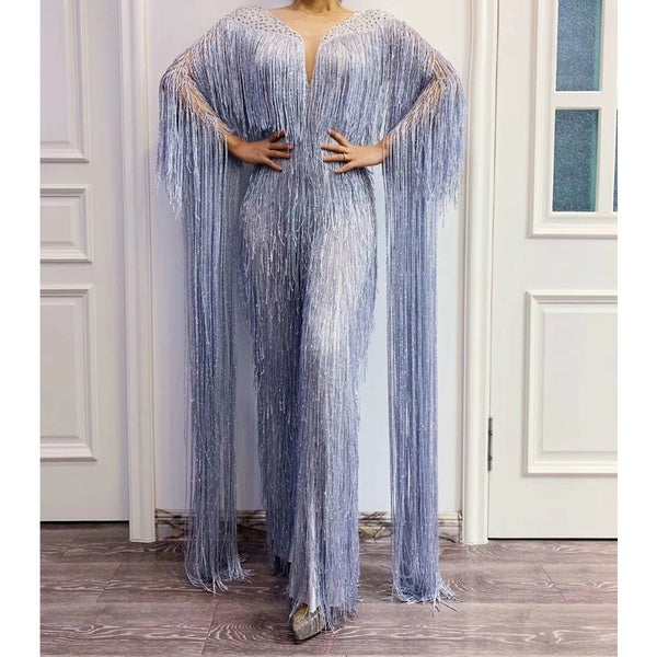 Glitter Rhinestone Long Tassels Elegant Women Leggings Club Birthday Party Costumes Fashion Singer Dancer Performance Clothing