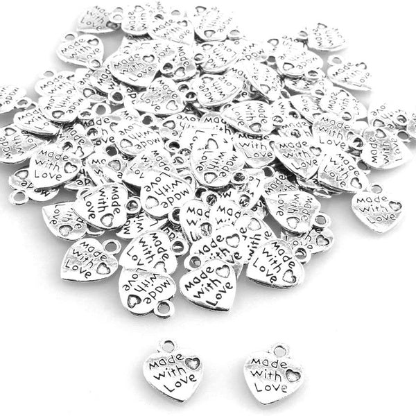 100pcs Heart Shape Charms Pendants"Made with Love" Letters Carving DIY Craft Necklace Bracelets Keychain Jewelry Making Findings Accessories (Ancient