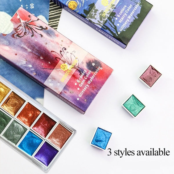 Pearlescent-Gem-Starry Solid Watercolor Paints 6-12 Colors Pearl Color Paint Pigment Metallic Glitter Acuarela Art Watercolor Painting
