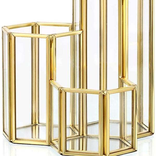Decorative Makeup Brush Holder Pen Pencil Holder for Desk Organizer Gold Glass Cosmetic Display Cases Pot for Women Girls
