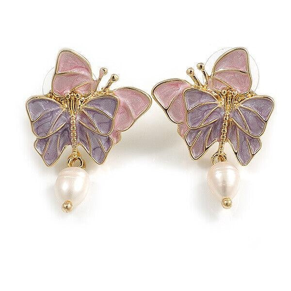 Boucles d'oreilles double papillon en émail rose-lavande avec perle pendante