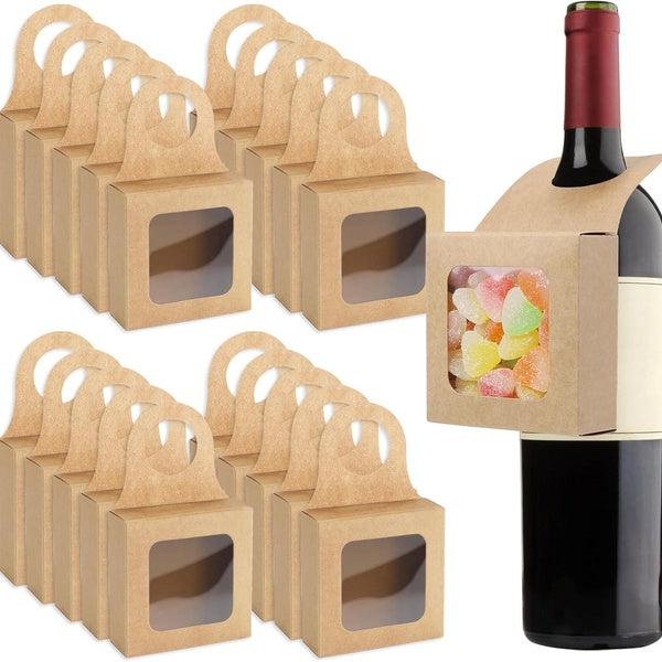 Kraft Paper Wine Bottle Box with Window, Foldable Wine Candy Boxes for Christmas New Year Wedding Parties Favor Wine Accessory Sets