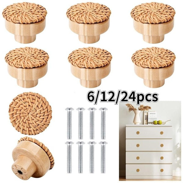 6-12-24 pièces en bois rotin Boho commode boutons tiroir à la main tire poignée boutons pour meubles armoire commode porte décor