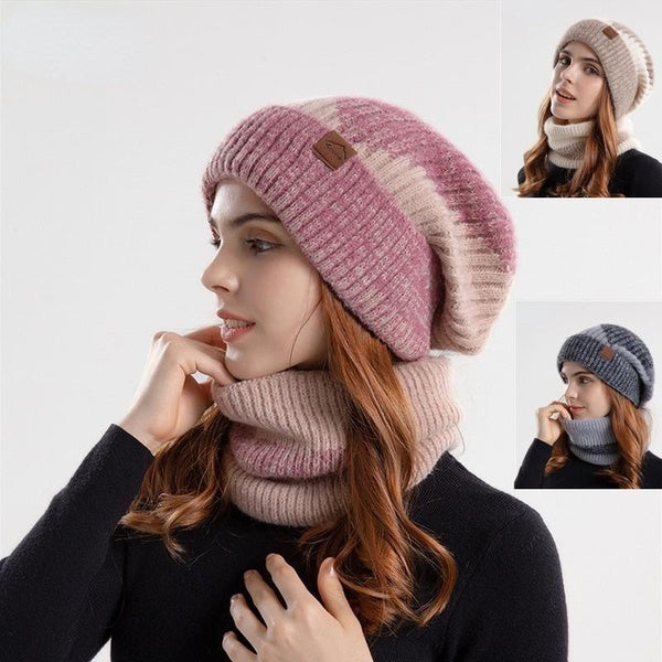 Two-color Hats in Winter, Women's Padded Warm Earmuffs, Wool Hats and Velvet Scarves, Two-piece Knitted Hats.