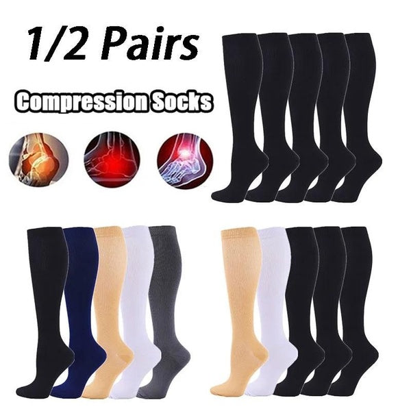Solid Color Compression Socks for Men and Women Running Socks, Varicose Knees, High Legs, Elastic Support, Pressure Circulation 1-2 Pairs