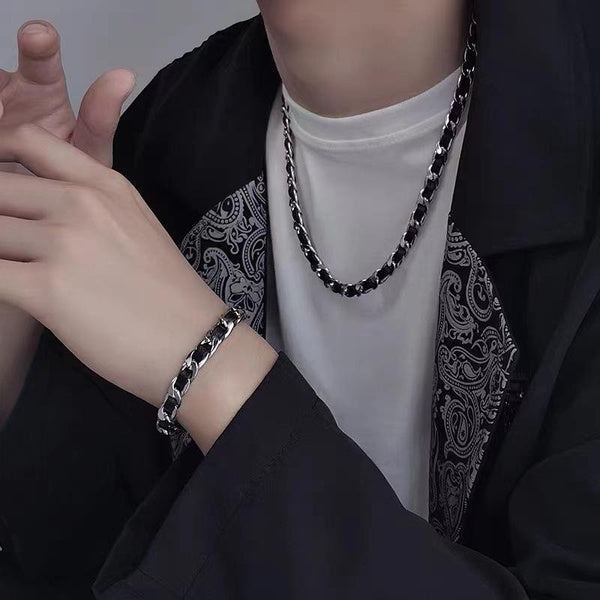 2023 New Jewelry Leather Bracelet Men's Fashion High Sense Ins Men's Chain Set Small Crowd Simple Hip-hop Accessories Titanium Steel Necklace Matron Inn