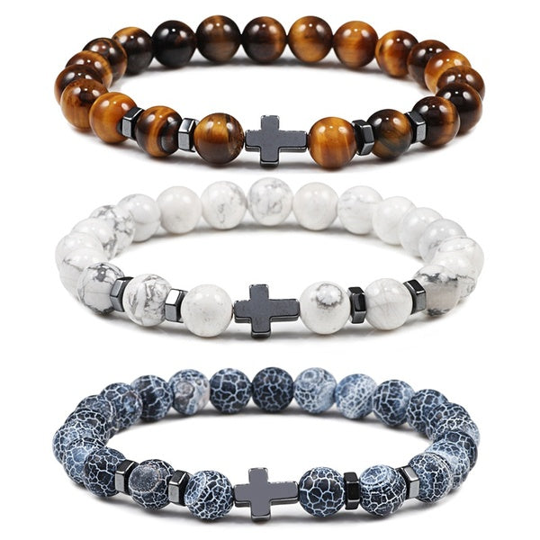 Hommes Naturel Oeil de Tigre Perles Hématite Croix Bracelets Onyx Méditation Prière Perle Bracelet Femmes Pierre Yoga Bijoux Homme