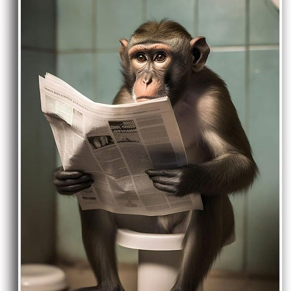 Monkey Sitting on Toilet Reading Newspaper Canvas Wall Art Funny Toilet Animal Poster Print Bathroom Wall Decor Unique Funny Gift Modern Home Decor F