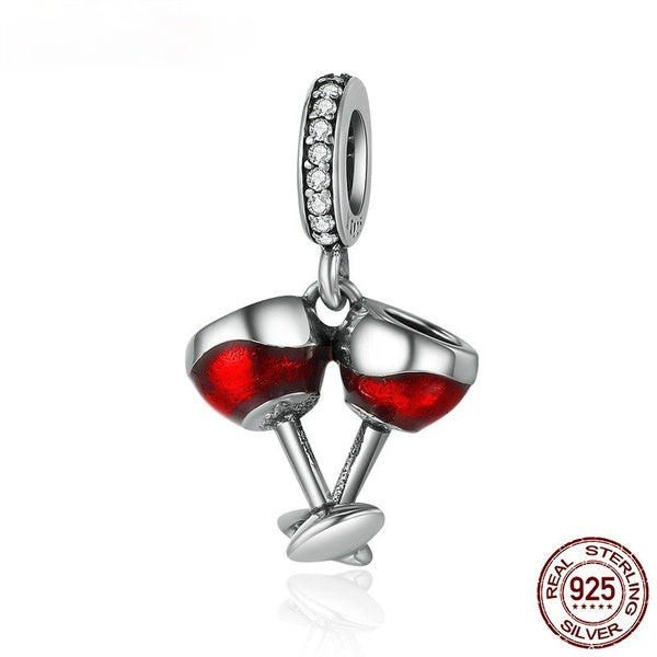 WOSTU Real 925 Sterling Silver Cheers for Love Couple Beer Pendant Charm Fit DIY Bracelet Jewelry Valentine Day Gift