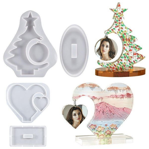 Photo Frame Silicone Mold with Base Semi-stereoscopic Love Christmas Tree Splicing Epoxy Resin Casting Pendant Mold Suitable for Crafts