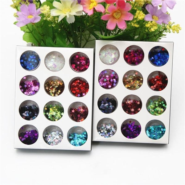 12pcs-set Nail Art Acrylic Four-pointed star Pentagram 3D Glitter Sequins Powder Set