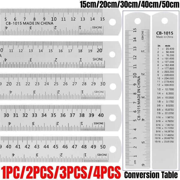 1PC-2PCS-3PCS-4PCS Steel Ruler with Inch and Metric, 15-20-30-40-50cm Metal Rulers with Conversion Table for School, Office, Home, Engineer, Craft