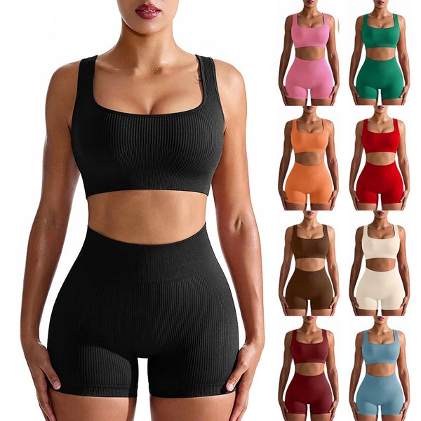 Tenues d'entraînement pour femmes 2 pièces côtelées sans couture débardeur taille haute contrôle du ventre Yoga Leggings ensembles