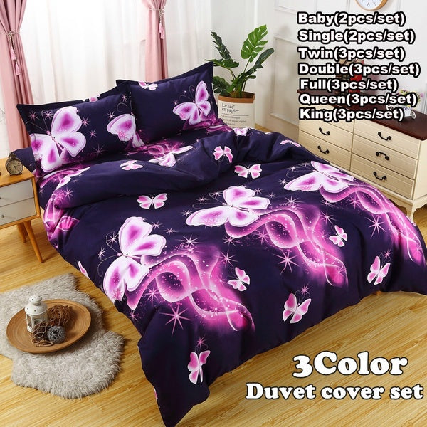 2-3pcs 3D Romantic Purple Butterfly Print Duvet Cover Set Baby Single Twin Double Full Queen King Size Quilt Cover Bedding Set Comforter Cover+Pillow