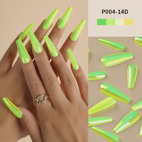 24PCS Mirror Effect Long Fluorescent Green Coffin Press On Fake Nails With Adhesive Full Cover Artificial False Nail Art Tips