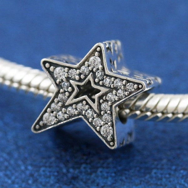 Étoile asymétrique scintillante en argent sterling 925 avec des perles de charme en cz transparent Convient à tous les bijoux européens Bracelets Col