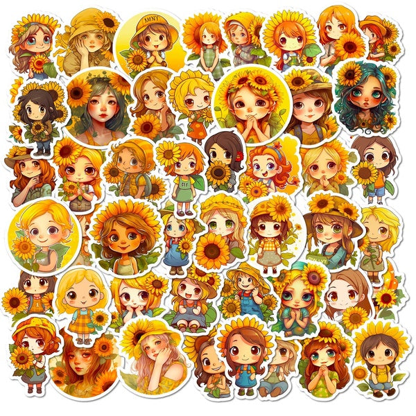 10-50Pcs Cute Cartoon Sunflowers Girls Stickers Sunshine Inspirational Girl Graffiti Stickers for DIY Luggage Laptop Skateboard Motorcycle Bicycle St